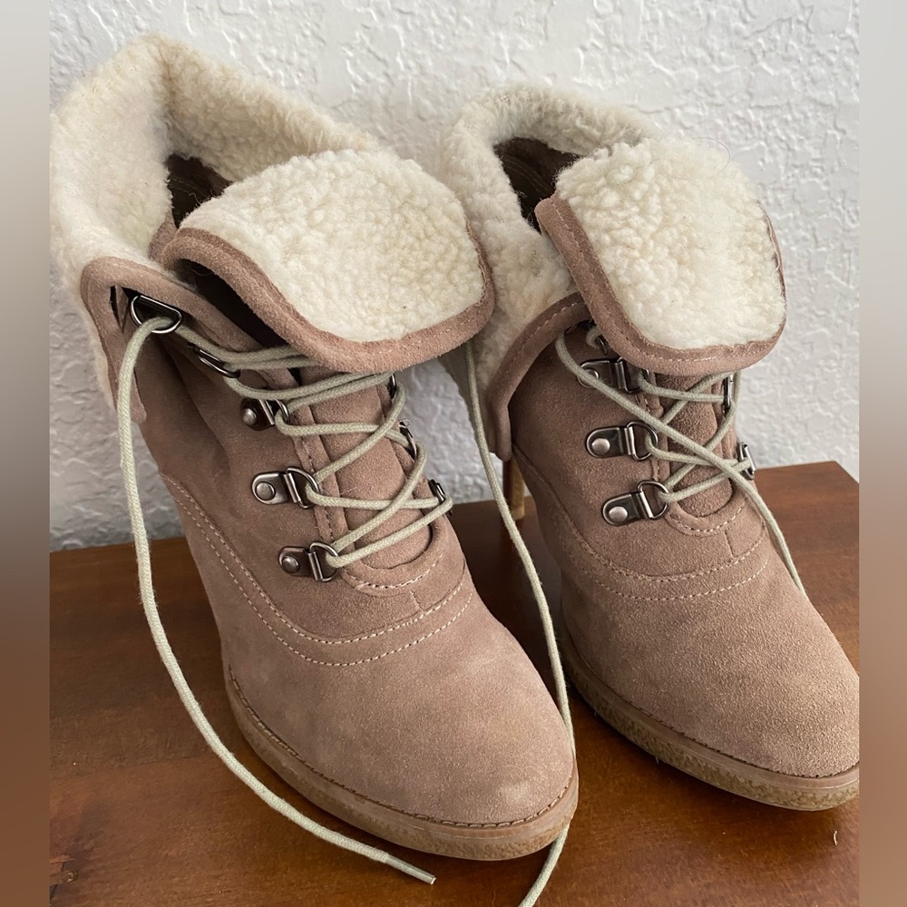 Tan suede and white wool lace up booties by ALDO